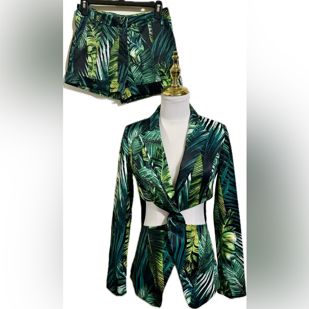 FASHION NOVA Tropical Leaf Print Blazer and Shorts Set
